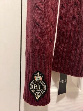 Ralph Lauren Burgundy Cable-Knit Scarf with Crest Emblem